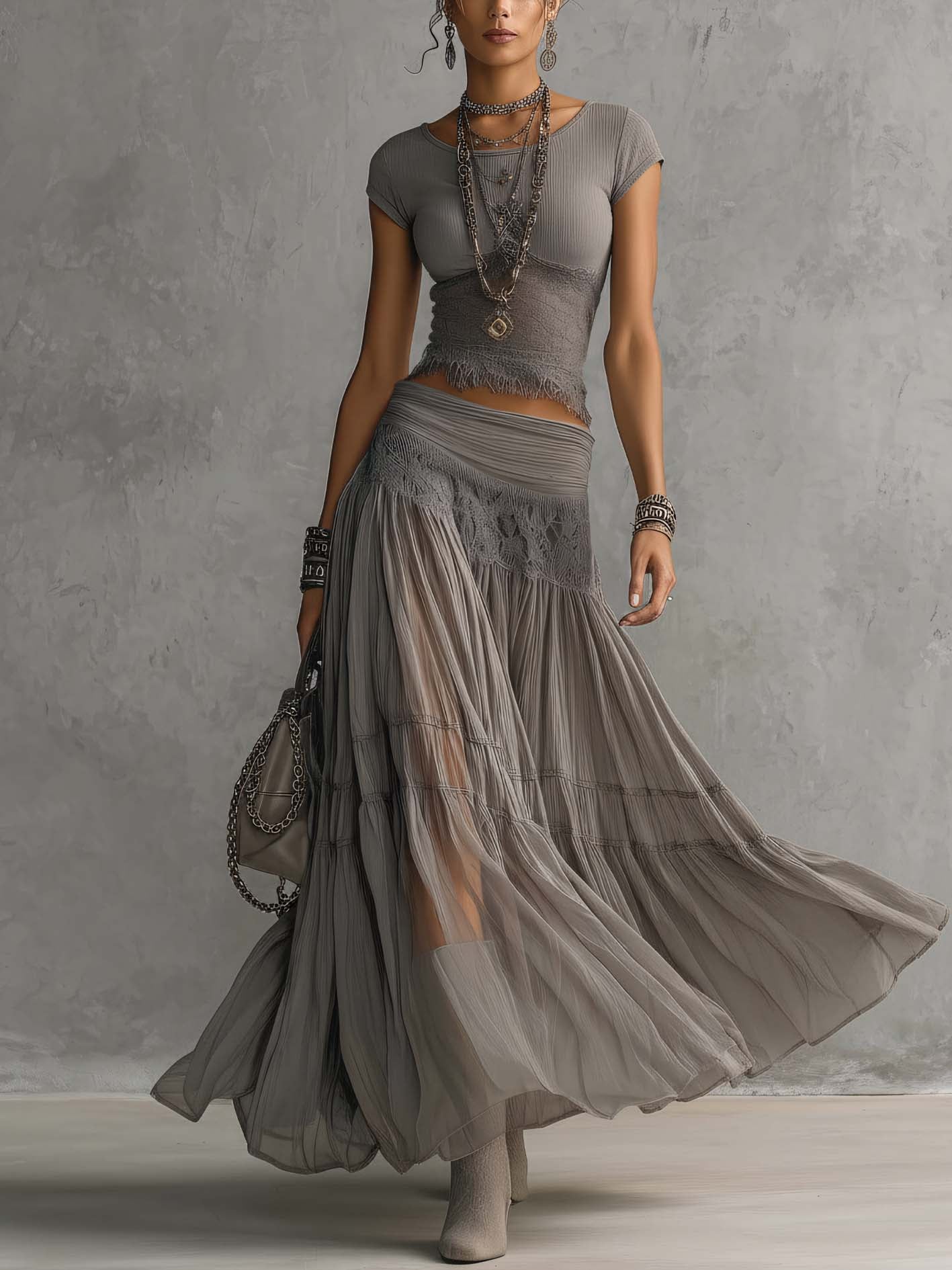 Women's Maxi Skirt Set Grey Lace Panel Top Pleated Design
