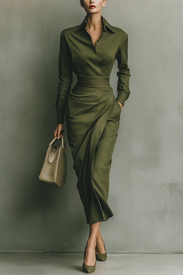 Women's Wrap-Style Maxi Dress Collared Button-Down Long Sleeve Elegant