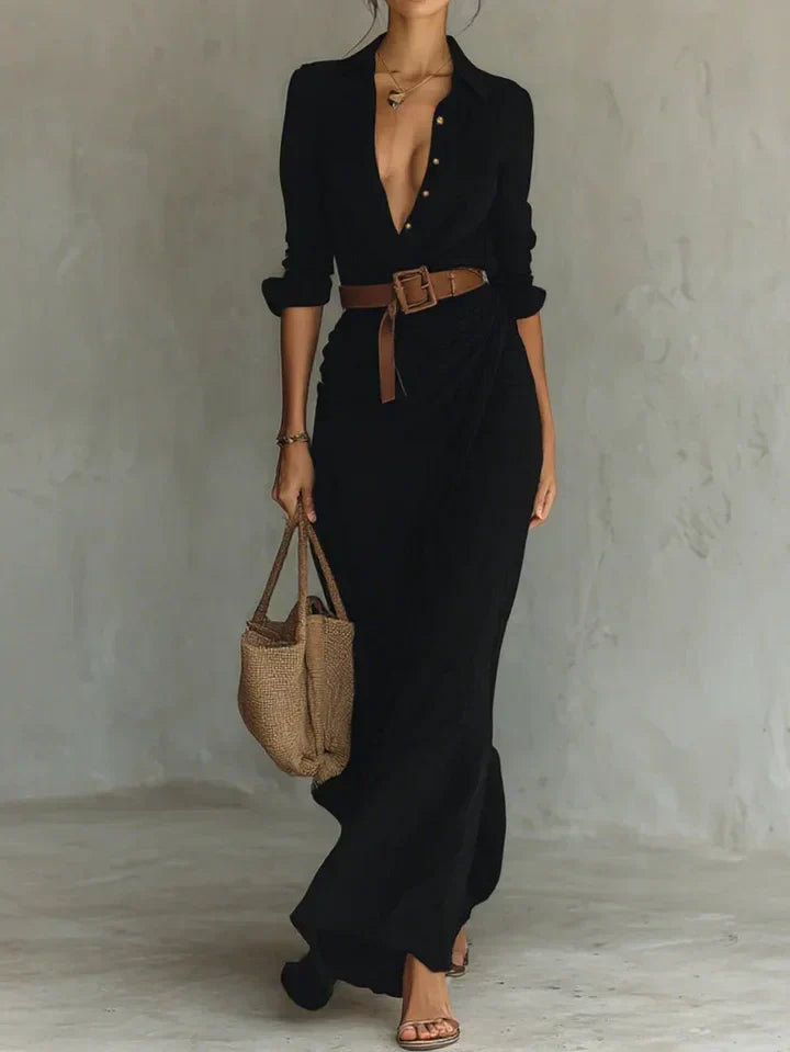 Women's Wrap Maxi Dress V-Neck Long Sleeve Belted Summer Evening Wear