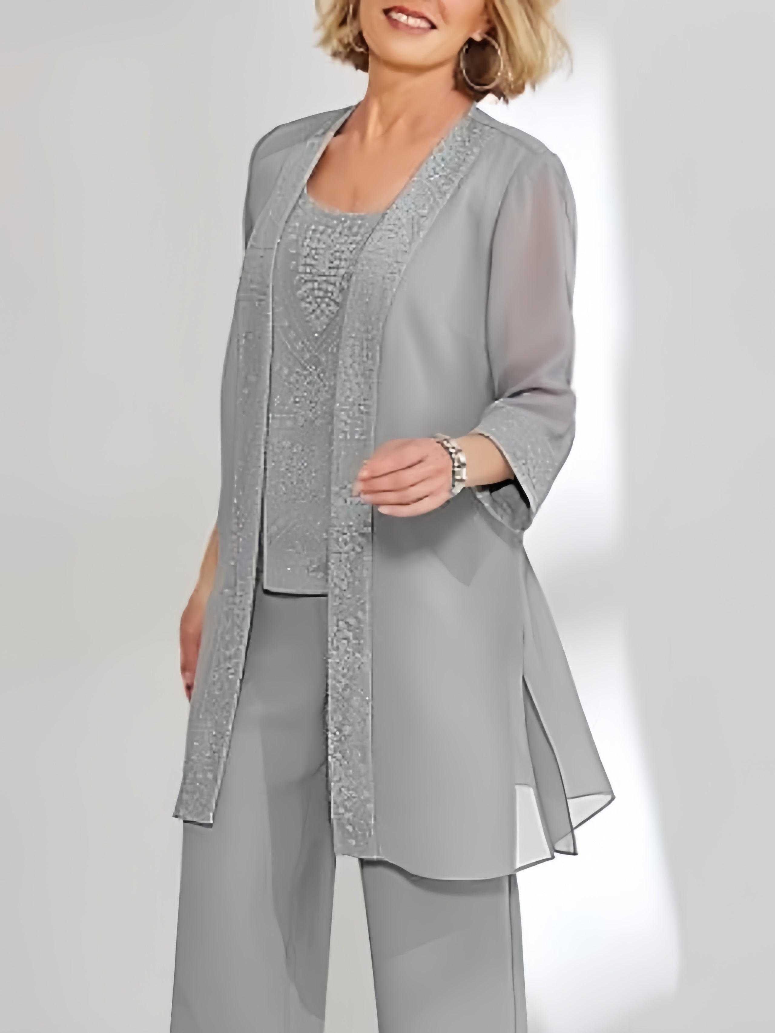 Women's Chiffon Pantsuit Scoop Neck Ankle-Length with Jacket | Mother of the Bride
