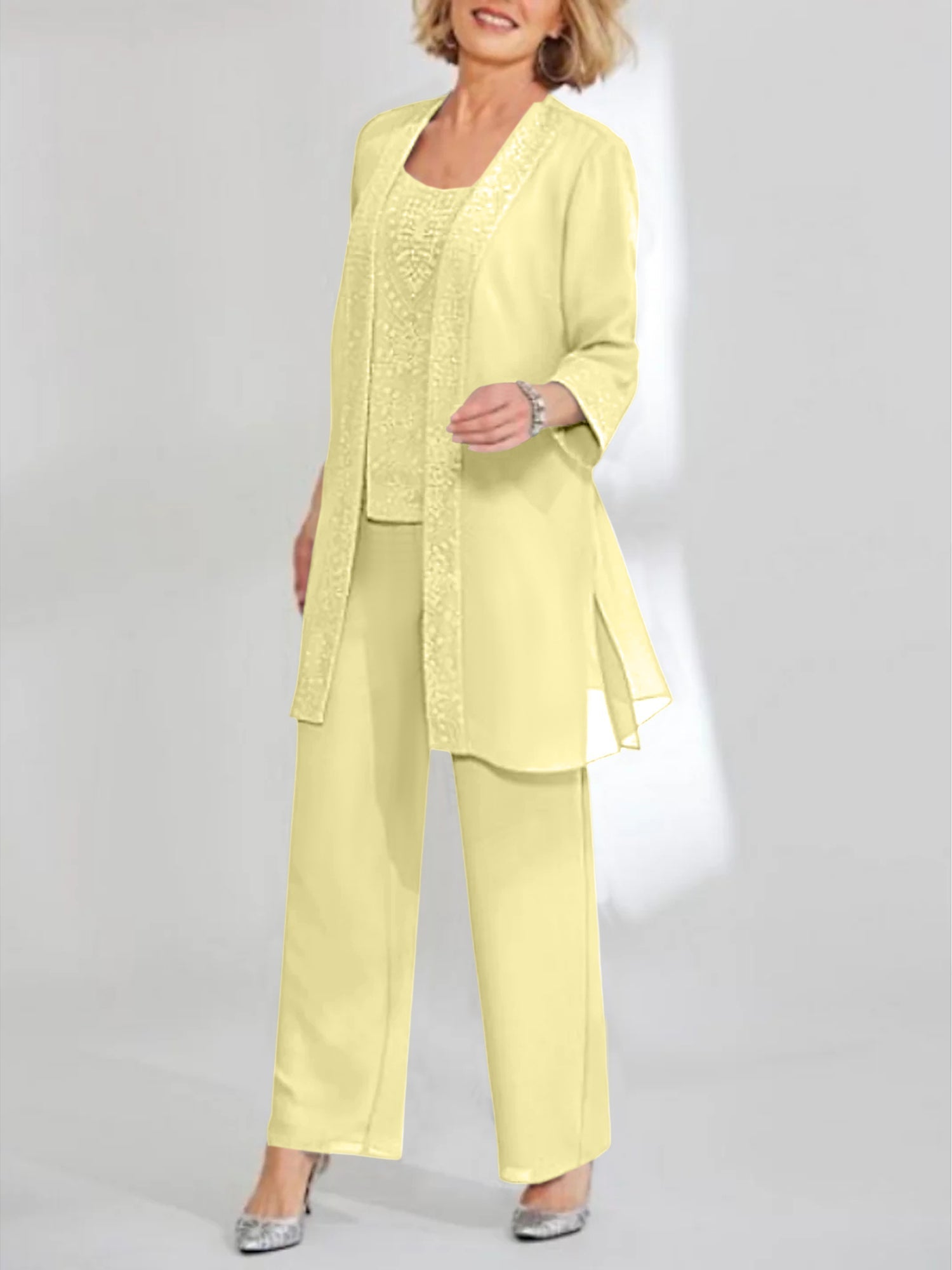 Women's Chiffon Pantsuit Scoop Neck Ankle-Length with Jacket | Mother of the Bride