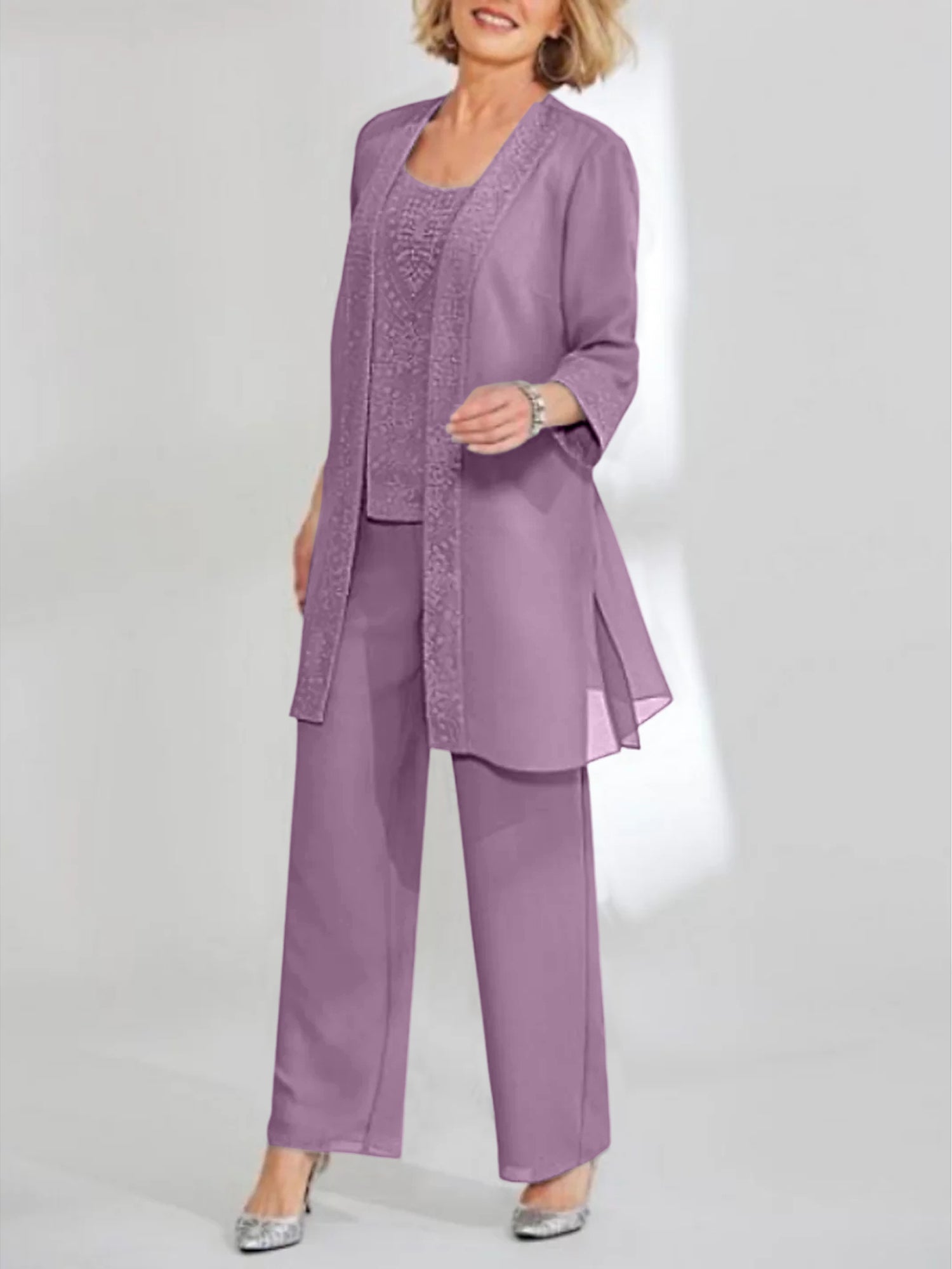 Women's Chiffon Pantsuit Scoop Neck Ankle-Length with Jacket | Mother of the Bride