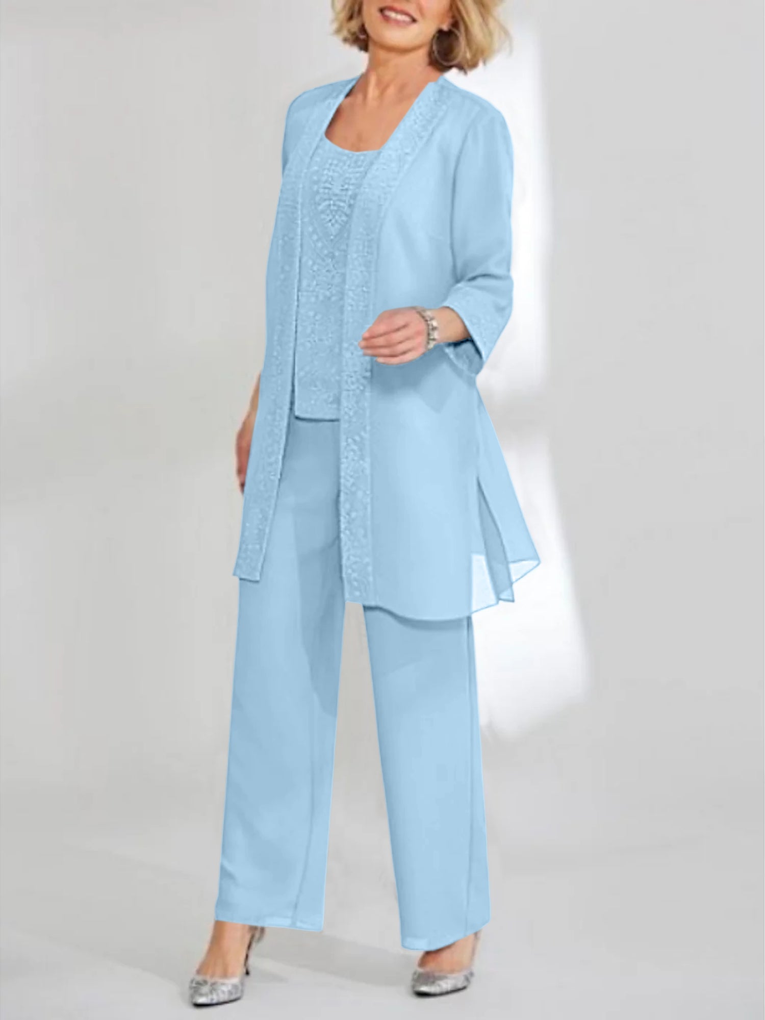 Women's Chiffon Pantsuit Scoop Neck Ankle-Length with Jacket | Mother of the Bride
