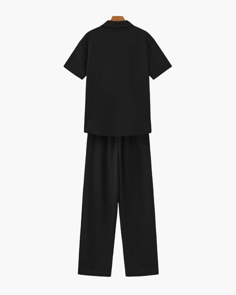 Men's Casual V-Neck Short Sleeve Shirt & Pants Two-Piece Set