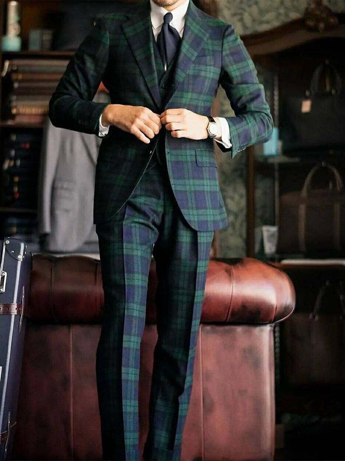 Men's Plaid Wedding Suits Tailored Fit Single Breasted 3 Piece Dark Green