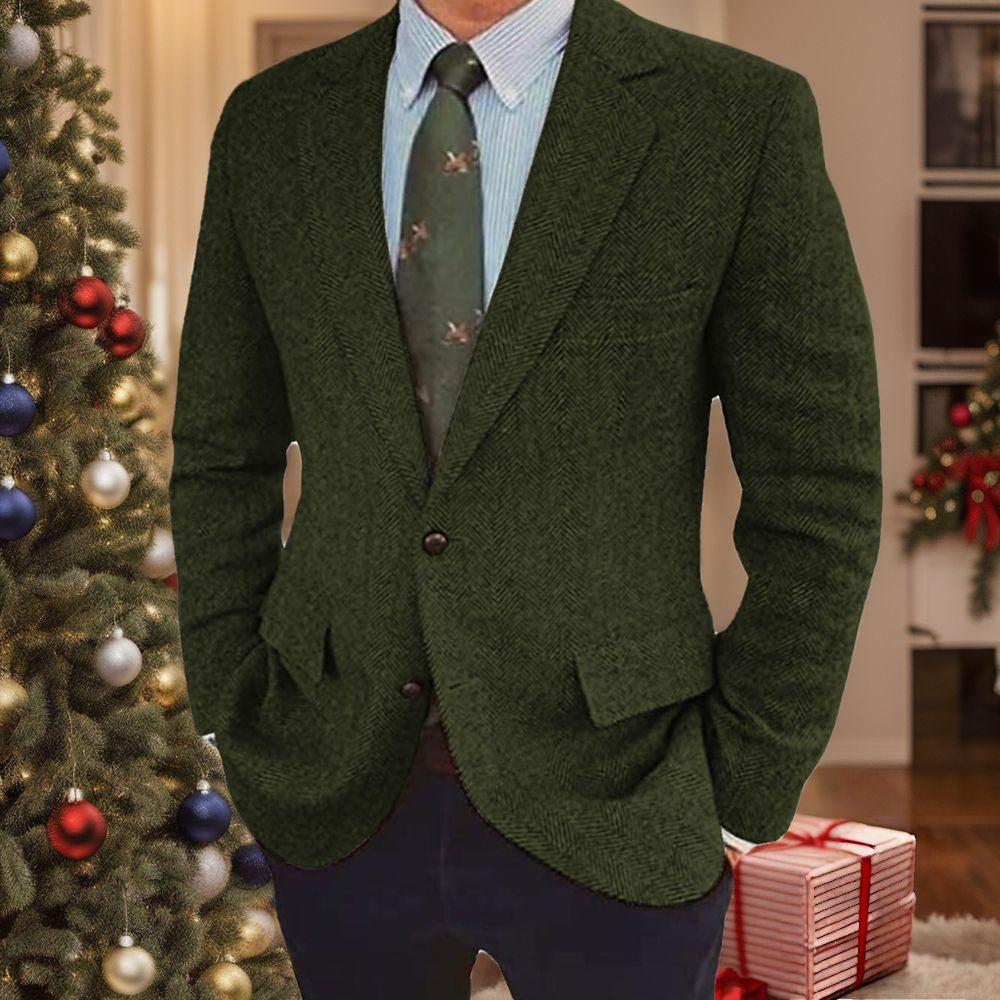Men's Tweed Herringbone Blazer Single-Breasted Two-Buttons Winter Jacket