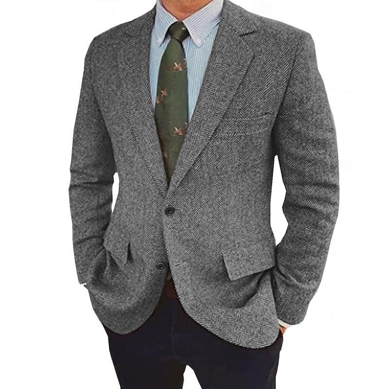 Men's Tweed Herringbone Blazer Single-Breasted Two-Buttons Winter Jacket