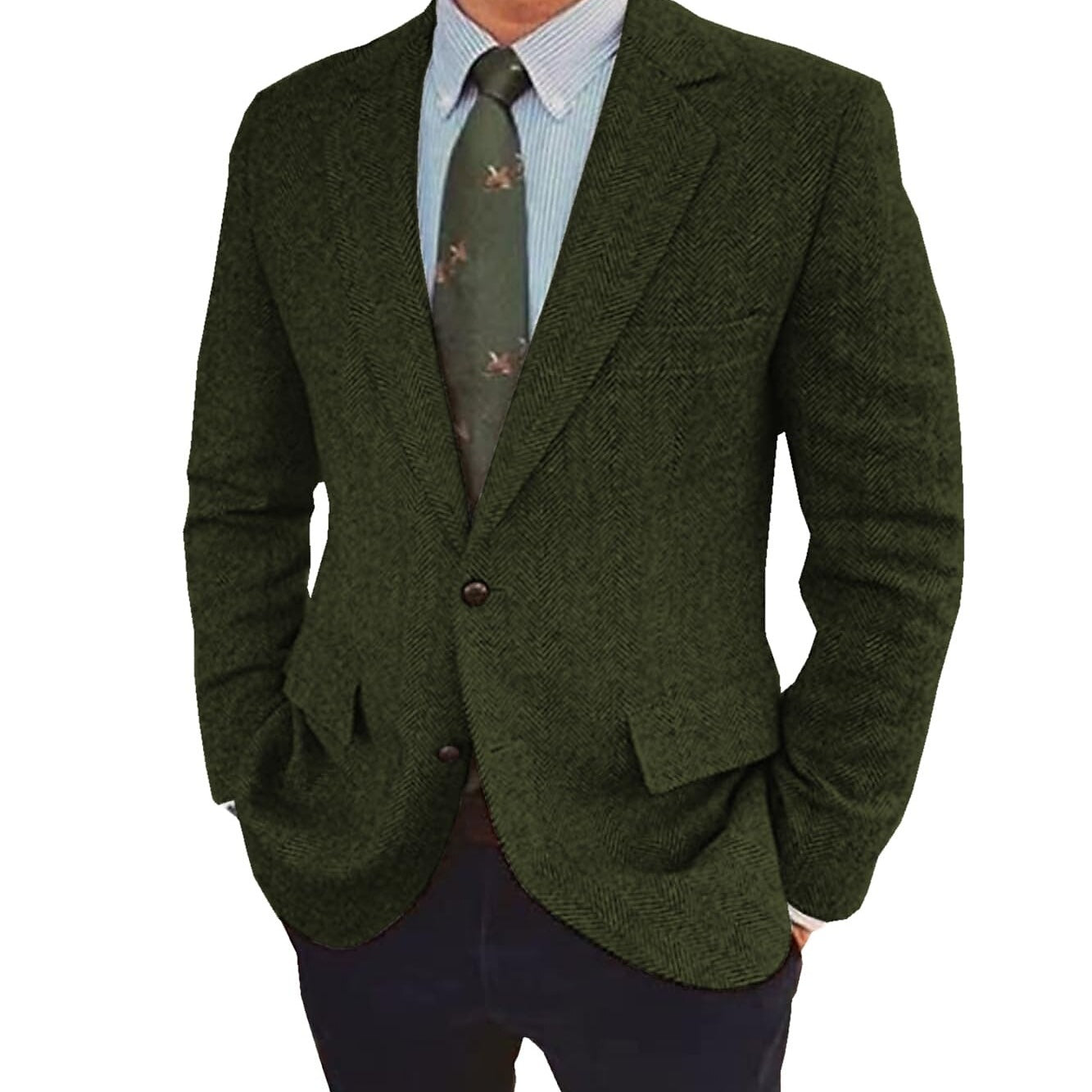 Men's Tweed Herringbone Blazer Single-Breasted Two-Buttons Winter Jacket