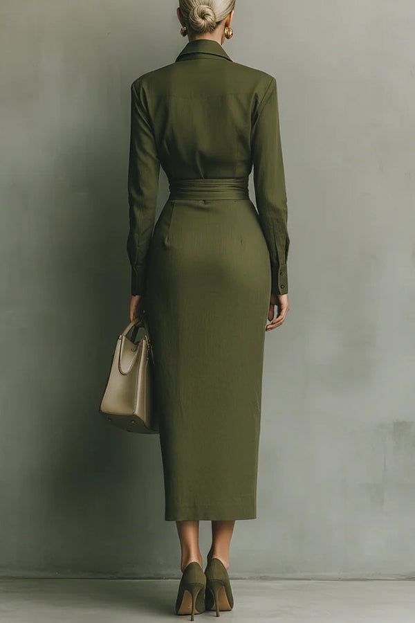 Women's Wrap-Style Maxi Dress Collared Button-Down Long Sleeve Elegant