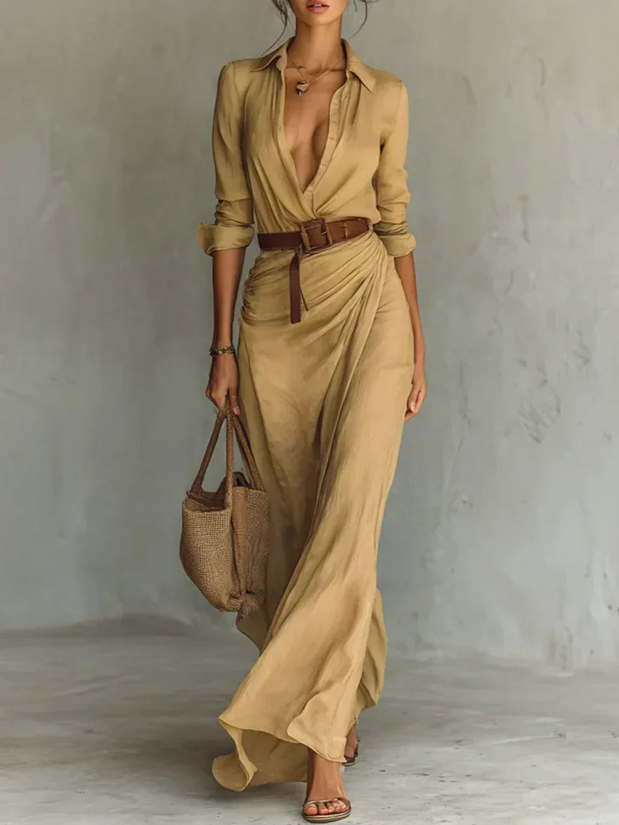 Women's Wrap Maxi Dress V-Neck Long Sleeve Belted Summer Evening Wear