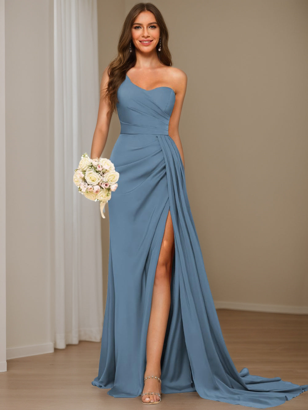 Women's Bridesmaid Dress One-Shoulder Sleeveless Floor-Length Satin