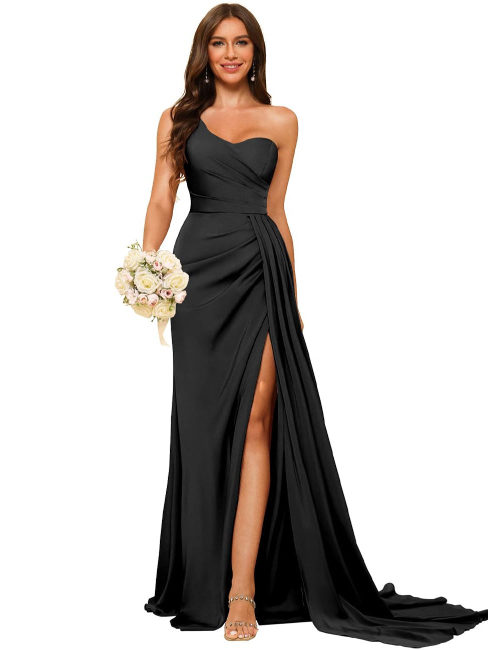 Women's Bridesmaid Dress One-Shoulder Sleeveless Floor-Length Satin
