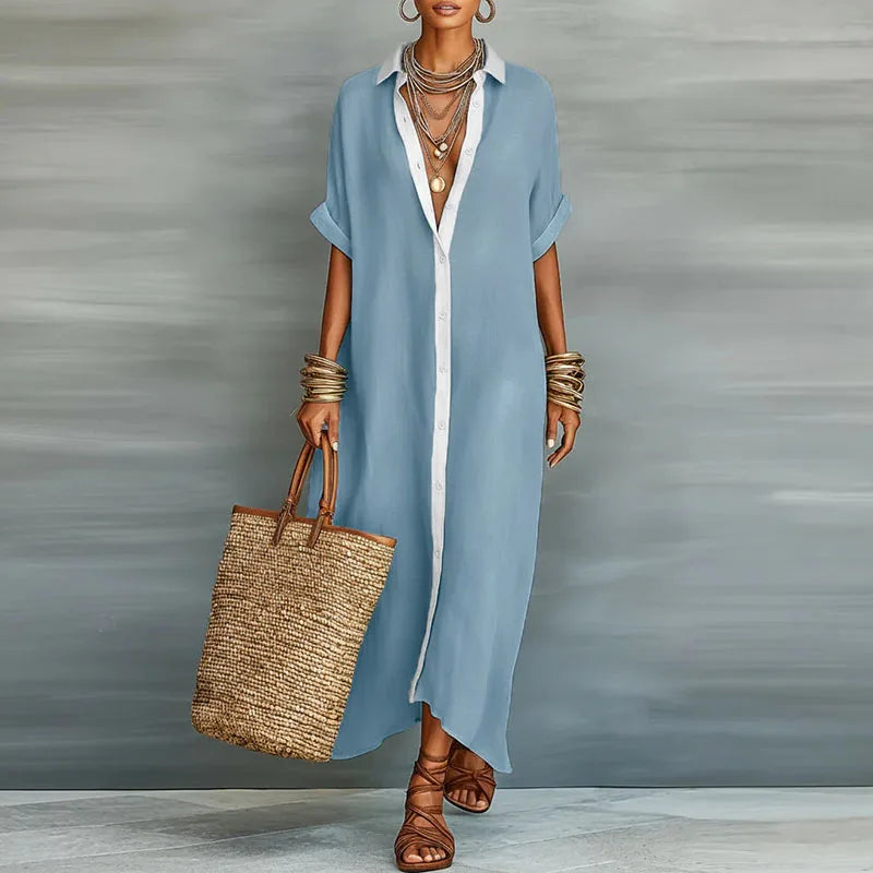 Women's Maxi Dress Collared Short Sleeve Summer Casual