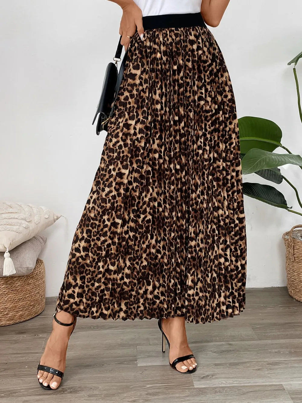 Women's Pleated Leopard Maxi Skirt Casual