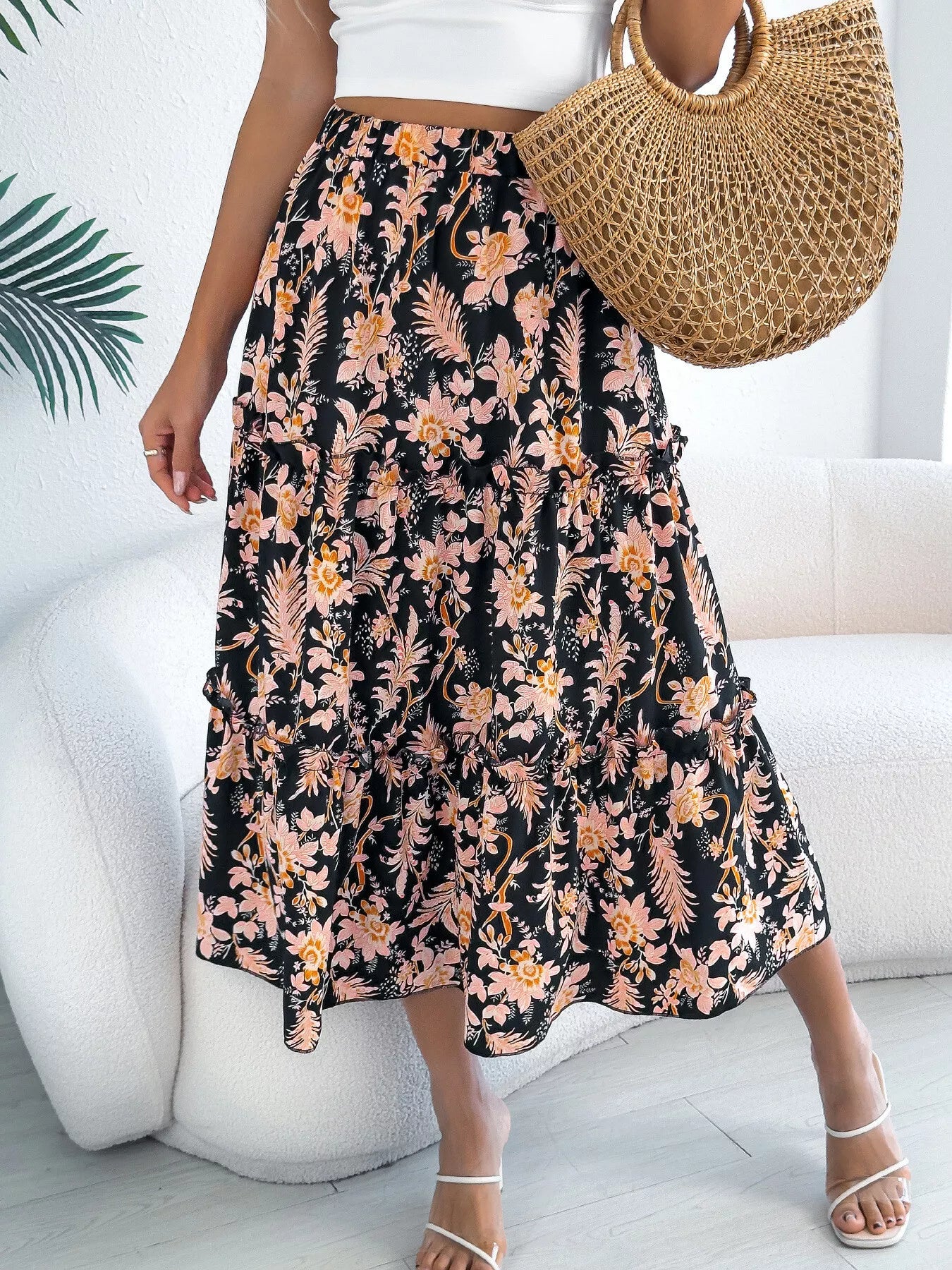 Women's Midi Skirt Floral Ruffle Hem Casual