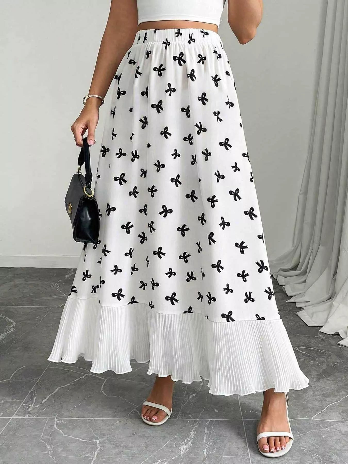 Women's Maxi Skirt Bow-Print Ruffle Hem Casual