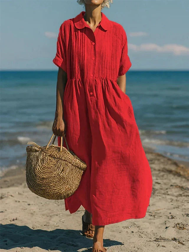 Women's Collared Button Dress | Short Sleeve | Midi Length | Casual