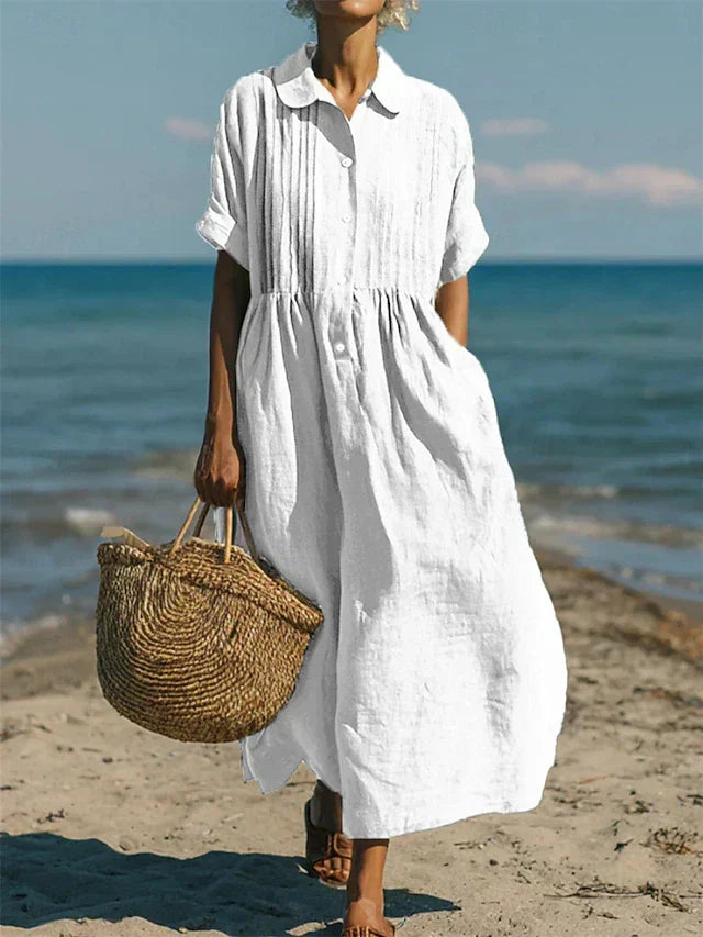 Women's Collared Button Dress | Short Sleeve | Midi Length | Casual
