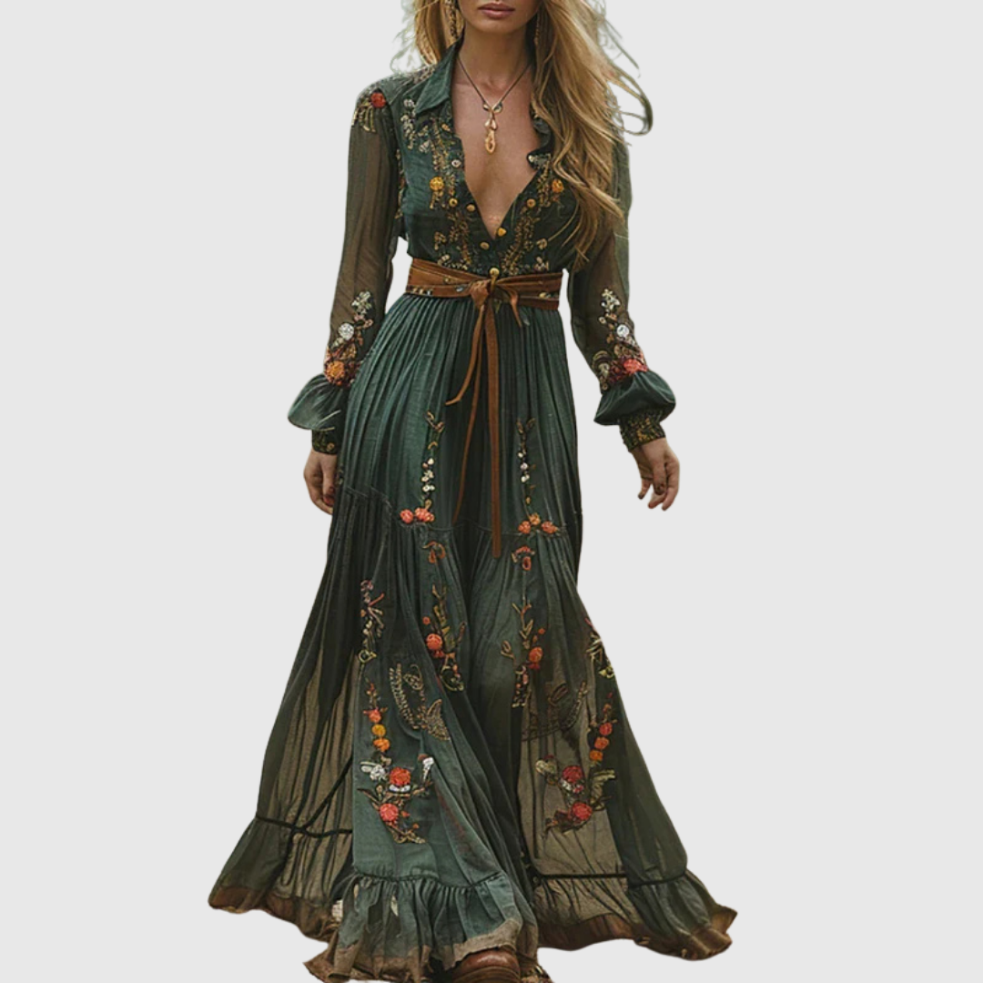 Alina | Women's Boho Floral Maxi Dress with Sheer Sleeves 0