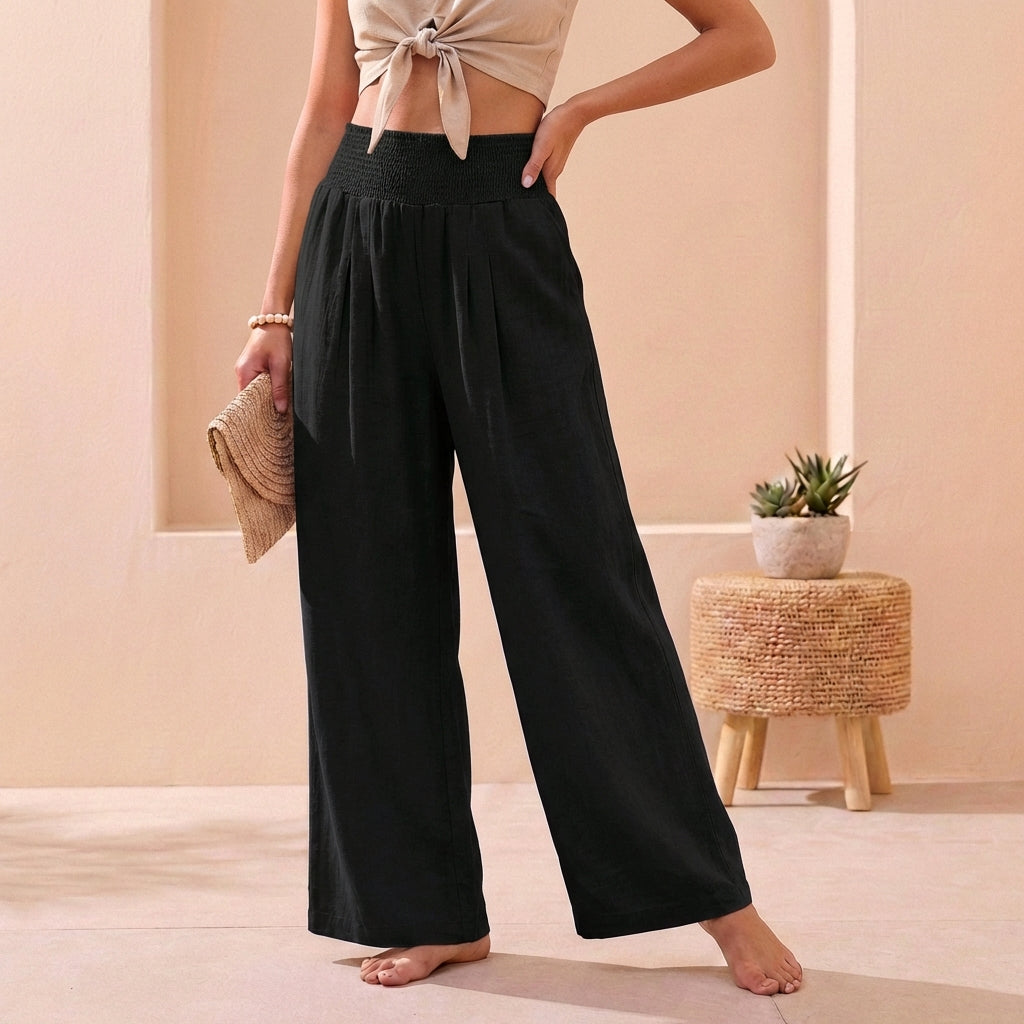 Alexandra Wide-Leg Pants for Women – Cotton Linen Smocked Waist Trousers
