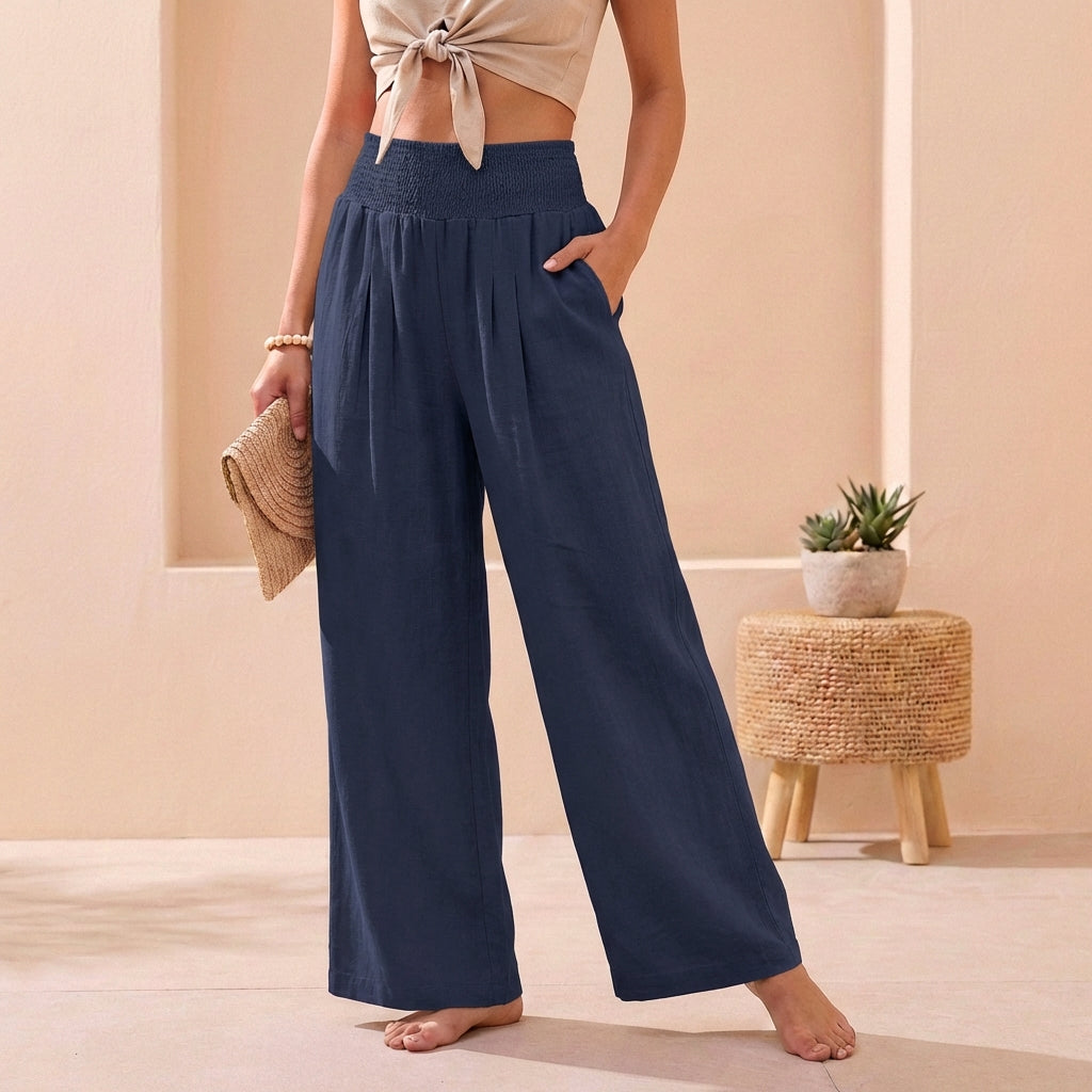 Alexandra Wide-Leg Pants for Women – Cotton Linen Smocked Waist Trousers