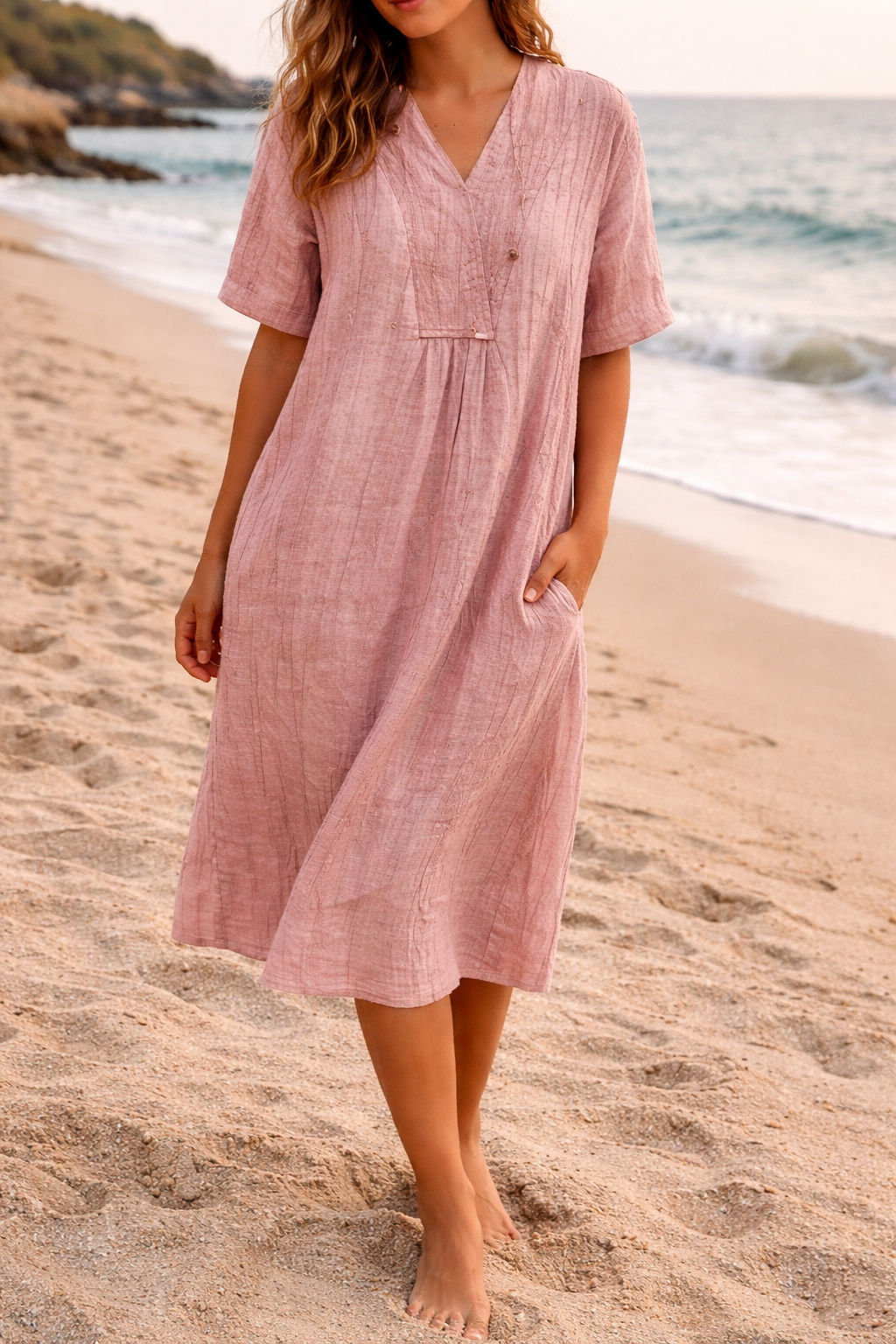 Women's Midi Dress V-Neck Short Sleeve Linen Casual