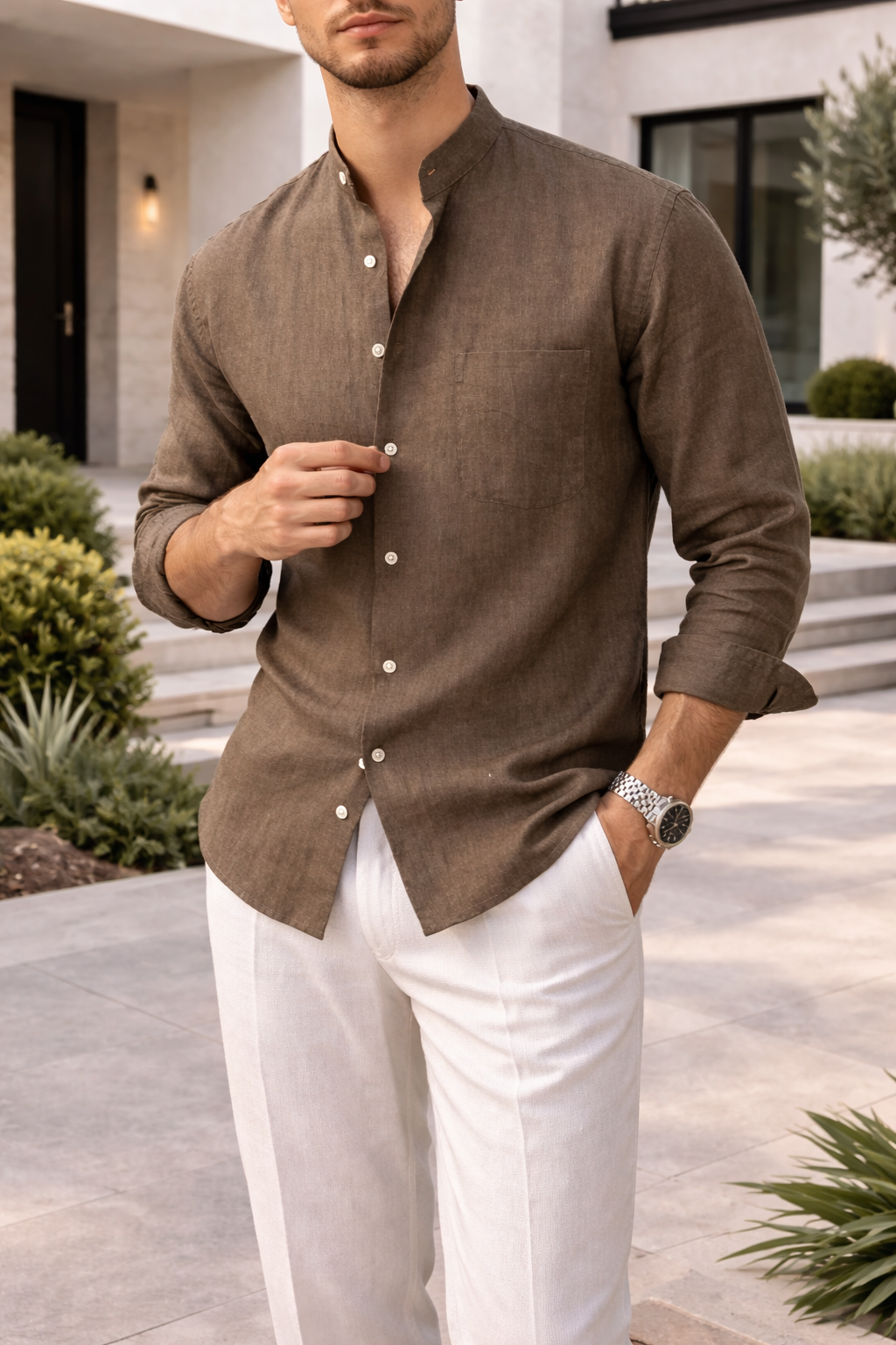 Men's Linen Blend Grandad Collar Shirt Button Front Casual