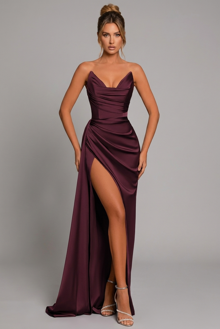 Women's Bodycon Maxi Dress Ruched Split Satin Style Wedding Guest