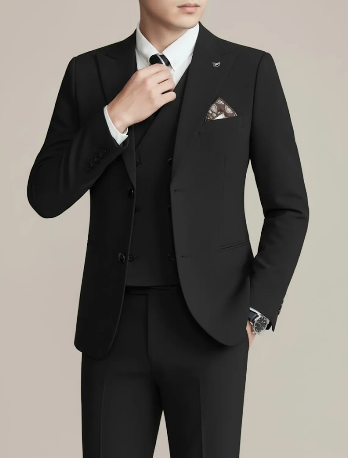 Men's Three-Piece Suit Black Formal Attire for Weddings and Events