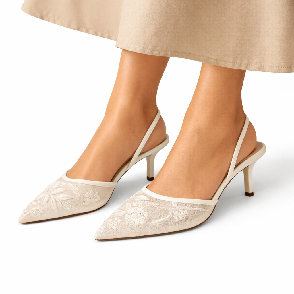 Women's Mule Heels Embroidered Mesh Floral Detail Pointed Toe