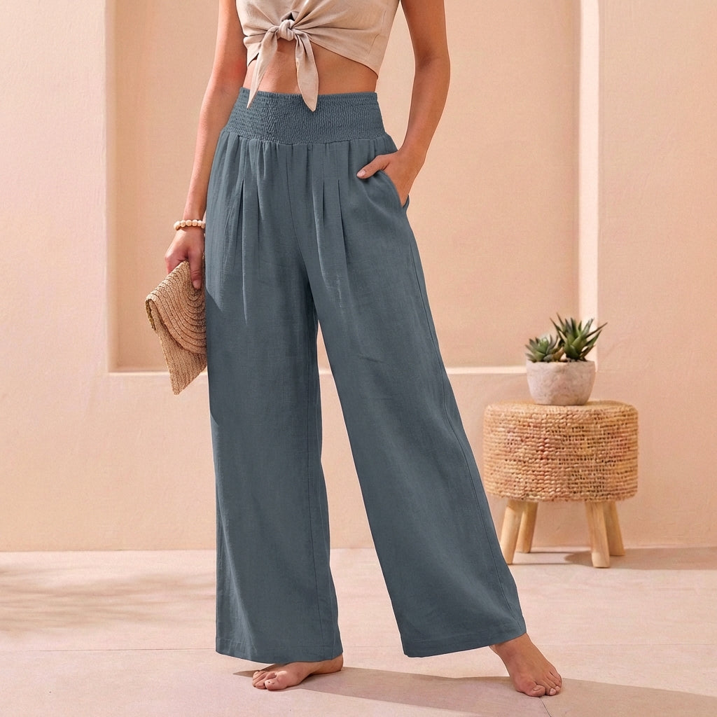 Alexandra Wide-Leg Pants for Women – Cotton Linen Smocked Waist Trousers