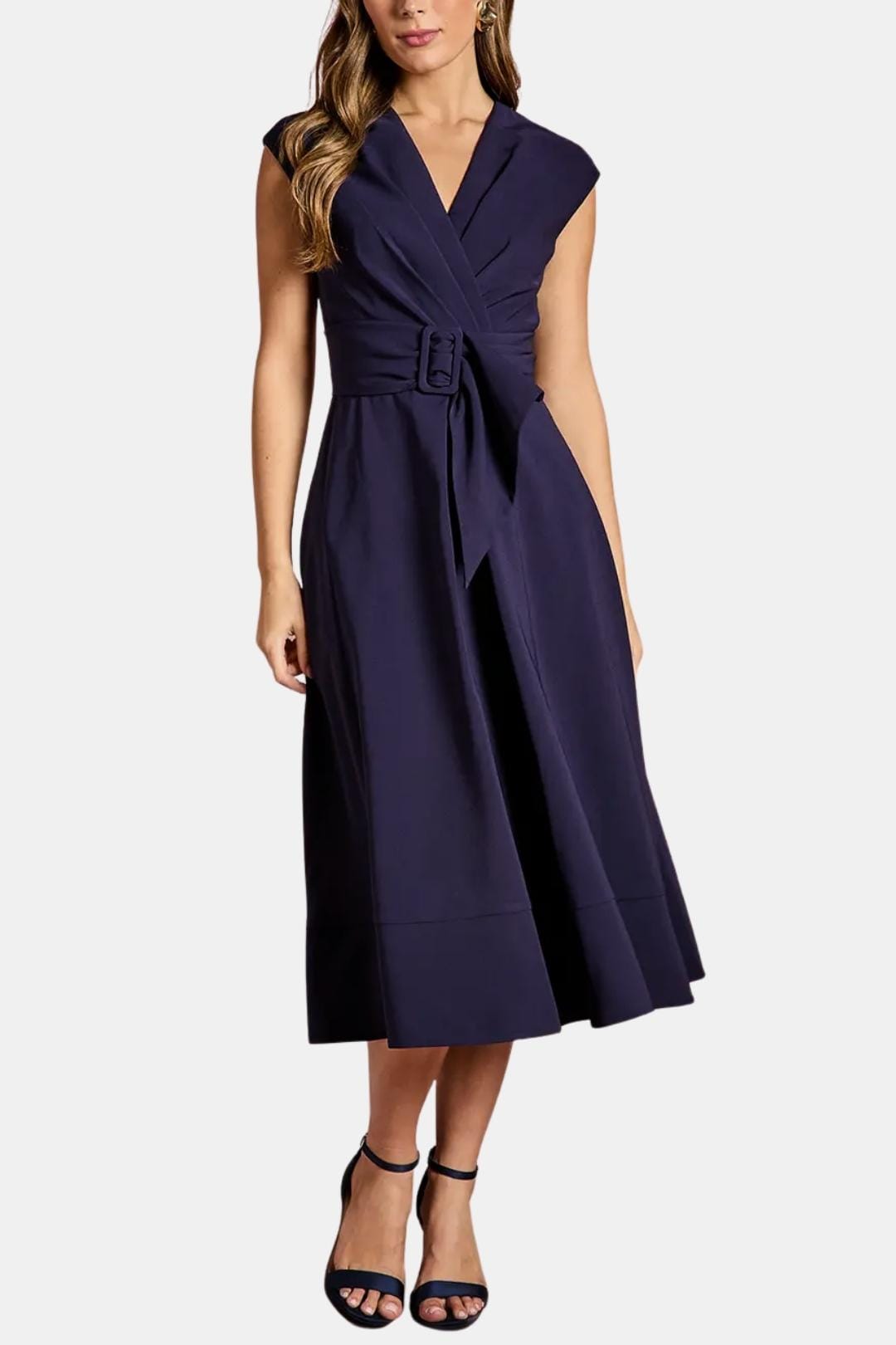 Women's Midi Dress Belted V-Neck Crepe Elegant Casual