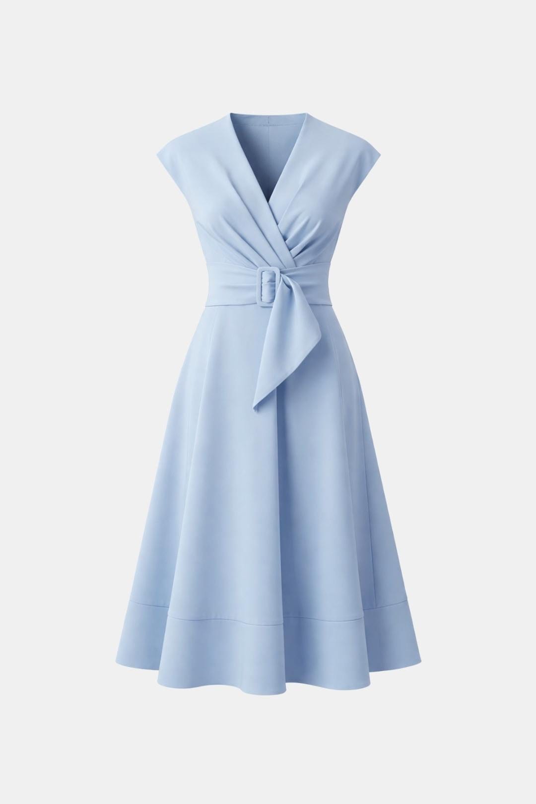Women's Midi Dress Belted V-Neck Crepe Elegant Casual