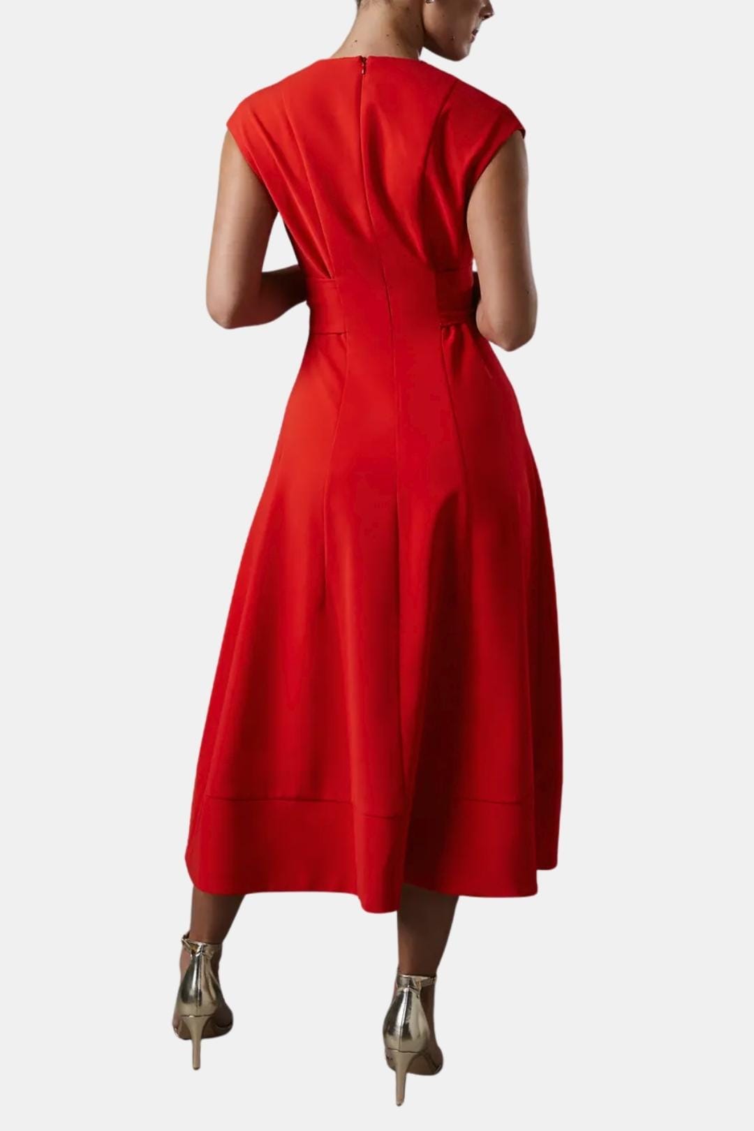 Women's Midi Dress Belted V-Neck Crepe Elegant Casual
