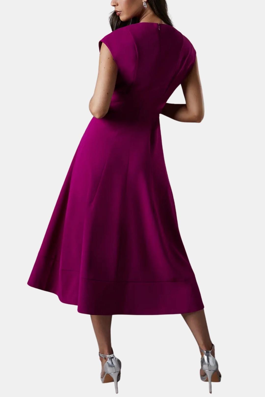 Women's Midi Dress Belted V-Neck Crepe Elegant Casual