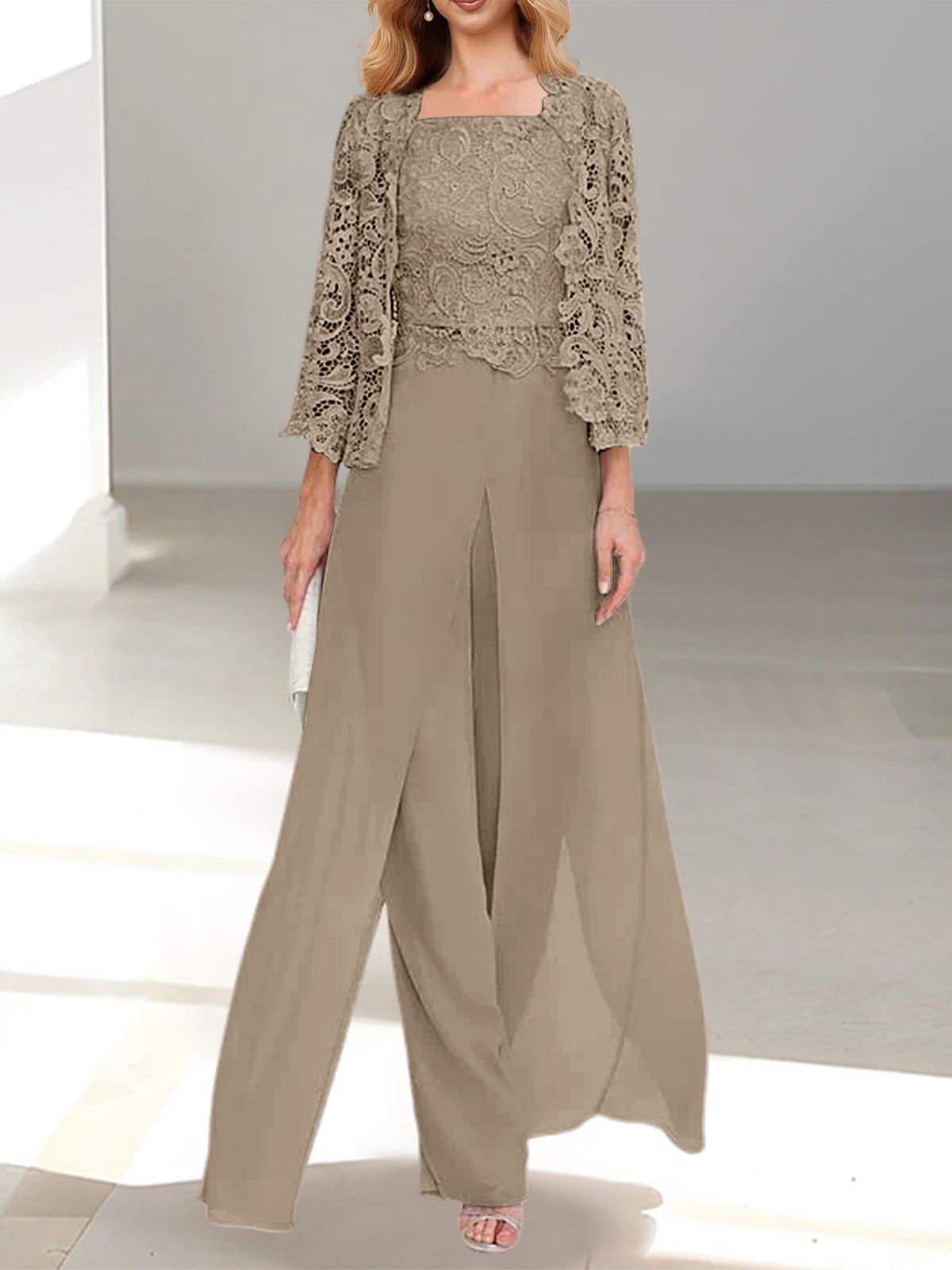 Women's Chiffon Mother of the Bride Pantsuit Square Neck Floor-Length Jacket