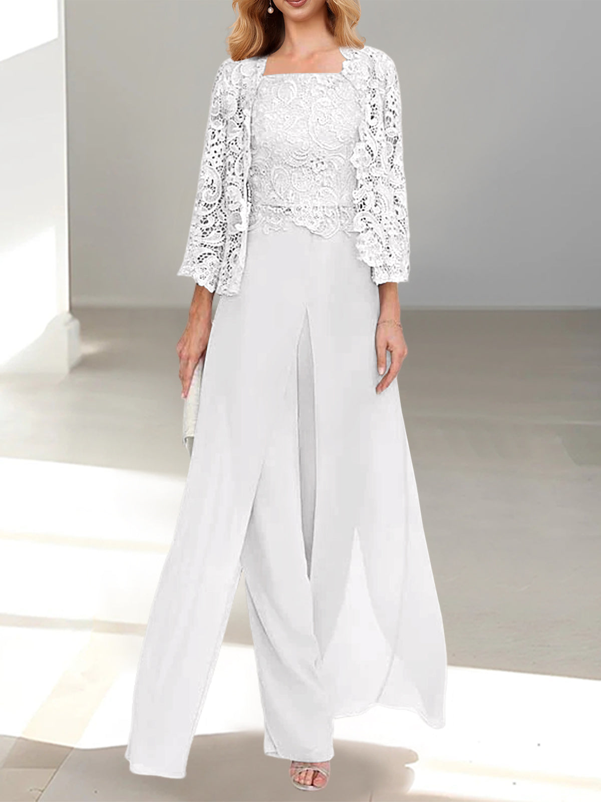 Women's Chiffon Mother of the Bride Pantsuit Square Neck Floor-Length Jacket