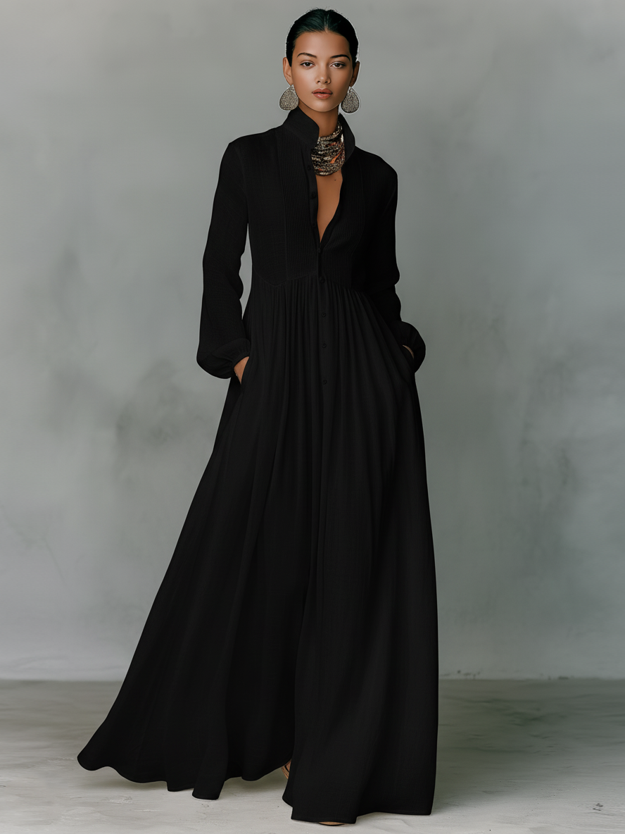Women's Maxi Dress Cotton Linen Patchwork Stand-Up Collar Long Sleeve Casual Wear