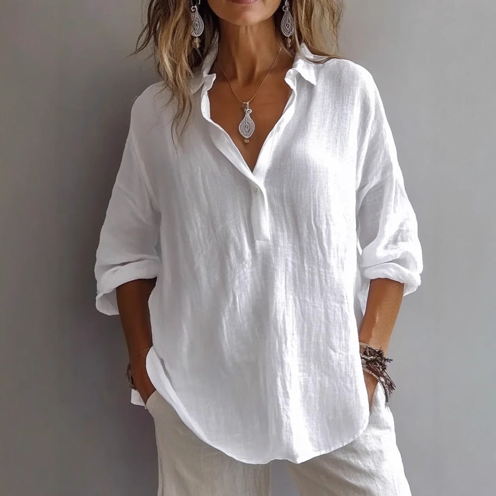 Women's Casual Linen Shirt Button Placket Loose Sleeves Lightweight Summer