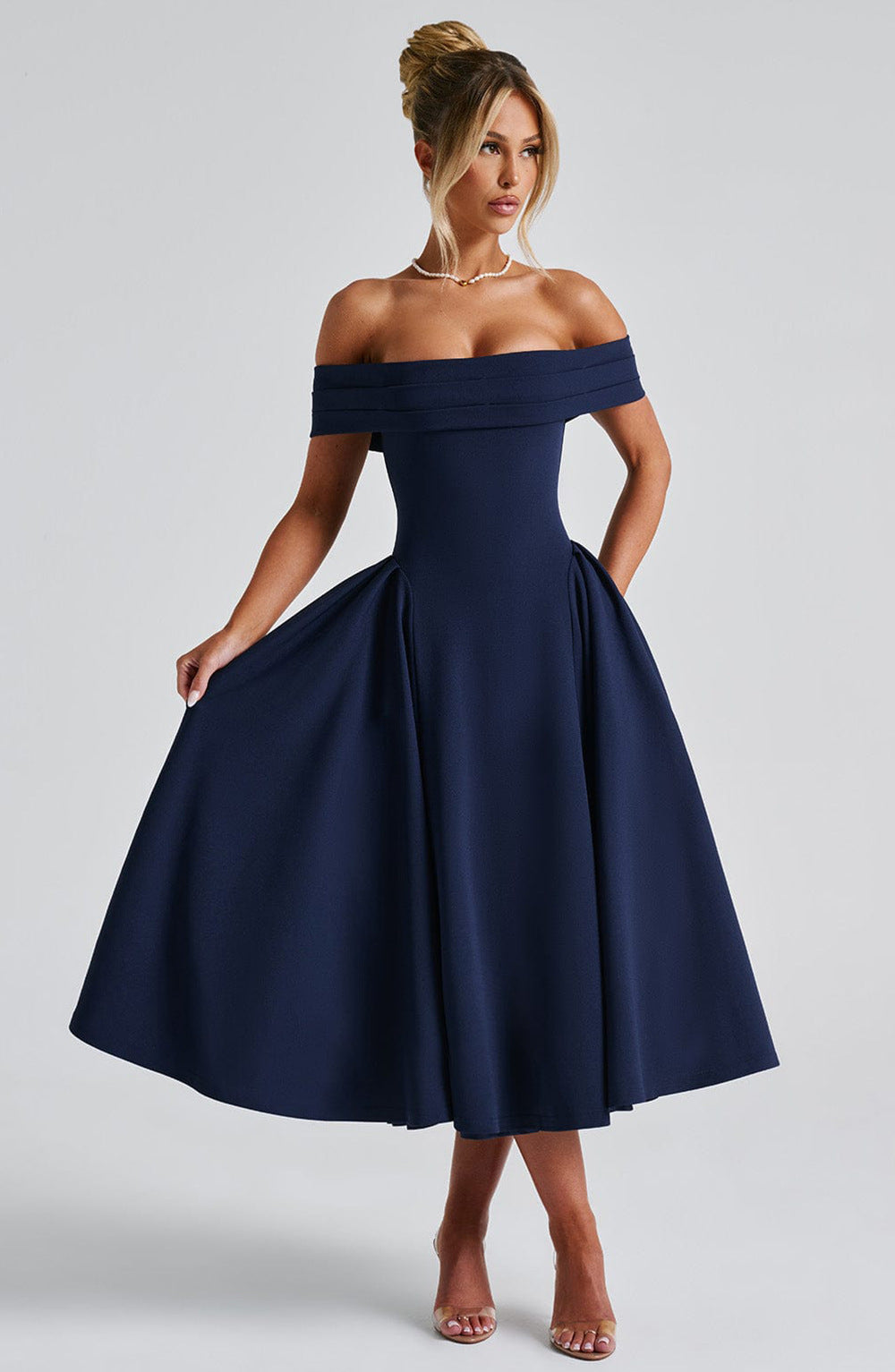 Off-Shoulder Flare Midi Dress