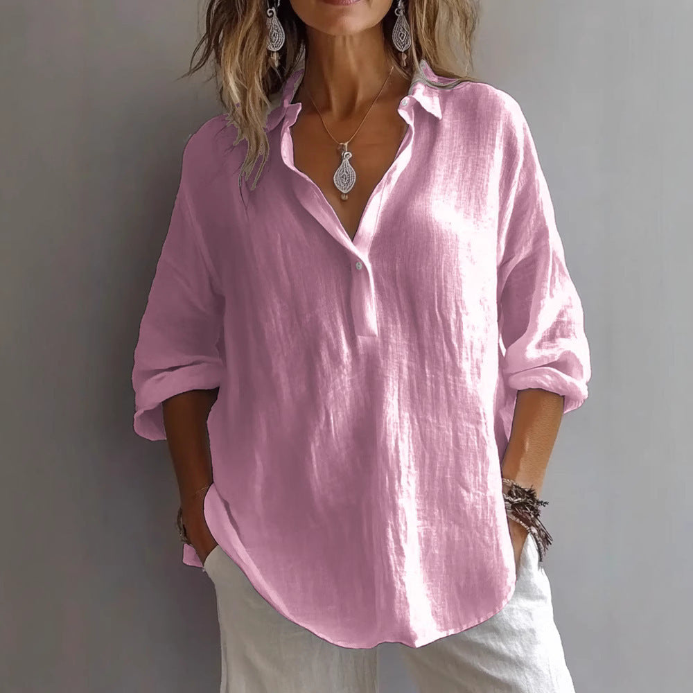 Women's Casual Linen Shirt Button Placket Loose Sleeves Lightweight Summer