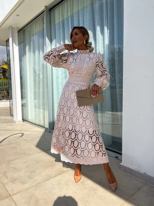 Lace Summer Dress with Puff Sleeves and High Neck for Women