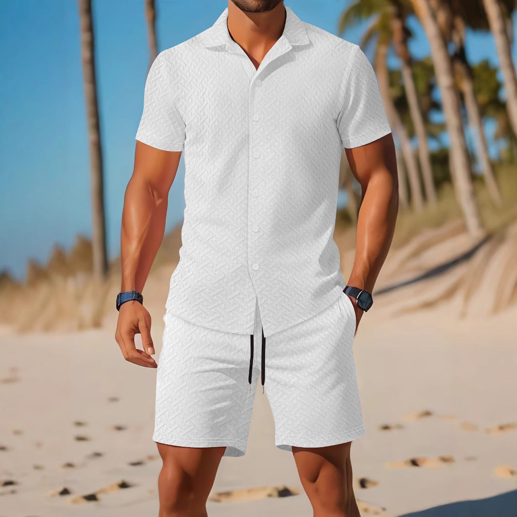 Men's Slim Fit Shirt Shorts Set – Embossed – Breathable – Casual Wear