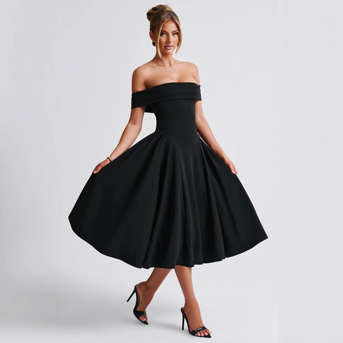 Off-Shoulder Flare Midi Dress