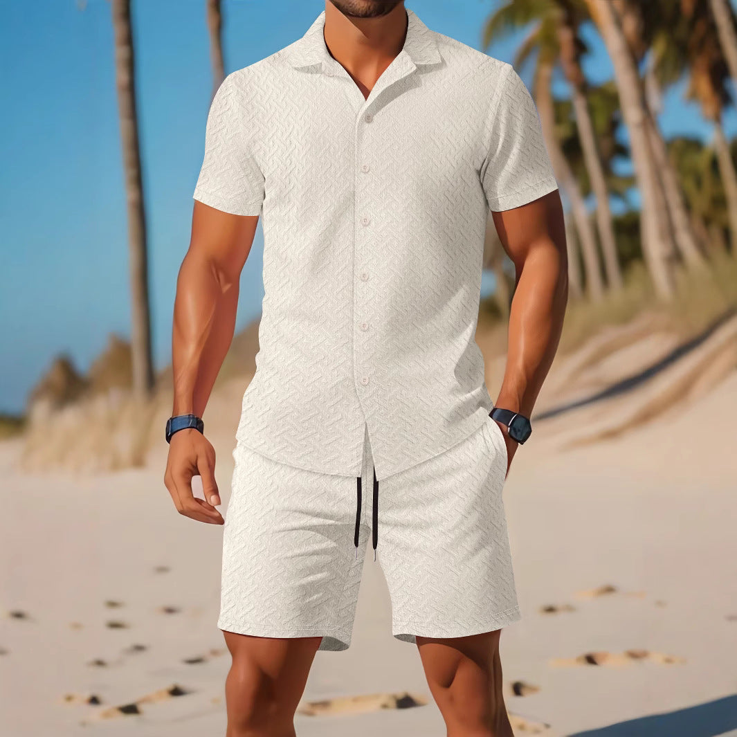 Men's Slim Fit Shirt Shorts Set – Embossed – Breathable – Casual Wear