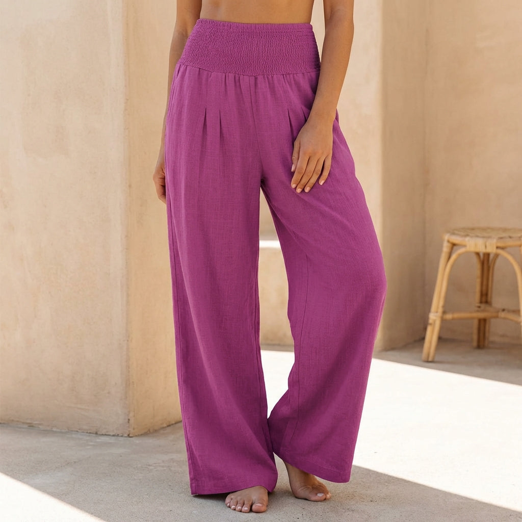 Alexandra Wide-Leg Pants for Women – Cotton Linen Smocked Waist Trousers