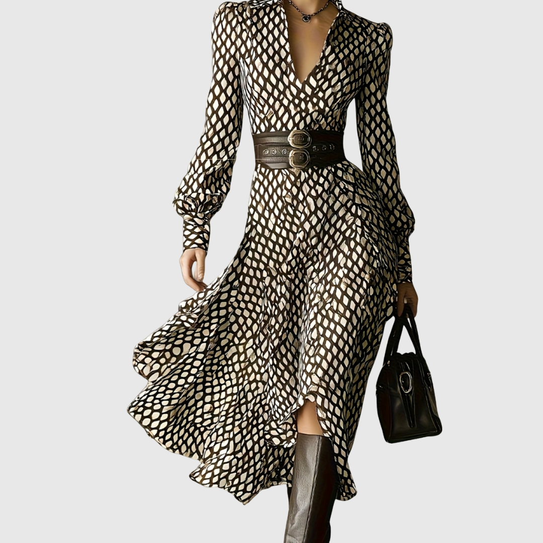 Women's Vintage Rhombus Print Maxi Dress Flowing Silhouette Elegant Casual