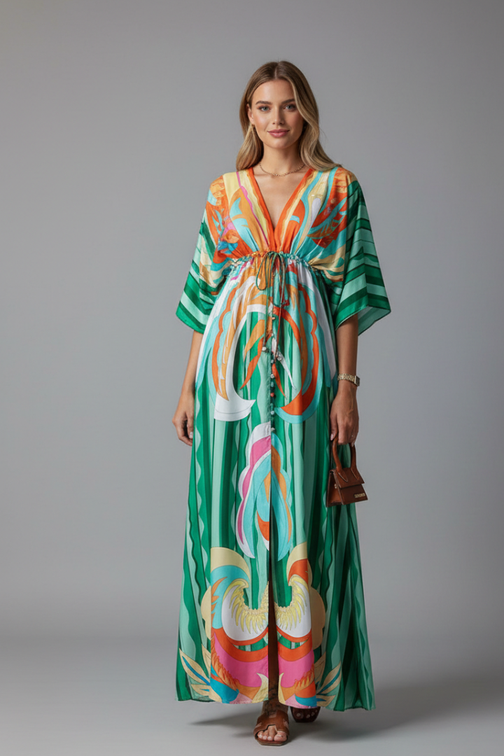 Women's Maxi Dress V Neckline Tie Waist Summer Casual