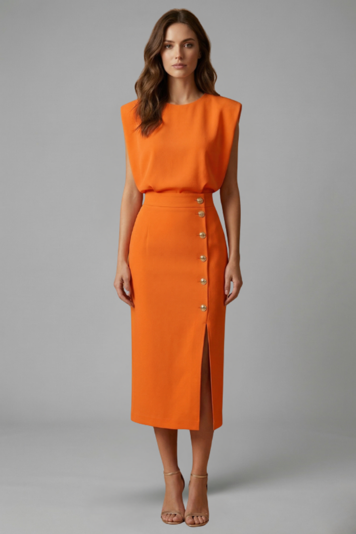 Women's Midi Dress Round Neck Button Slit Casual