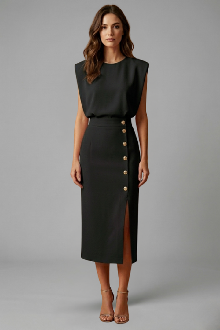 Women's Midi Dress Round Neck Button Slit Casual